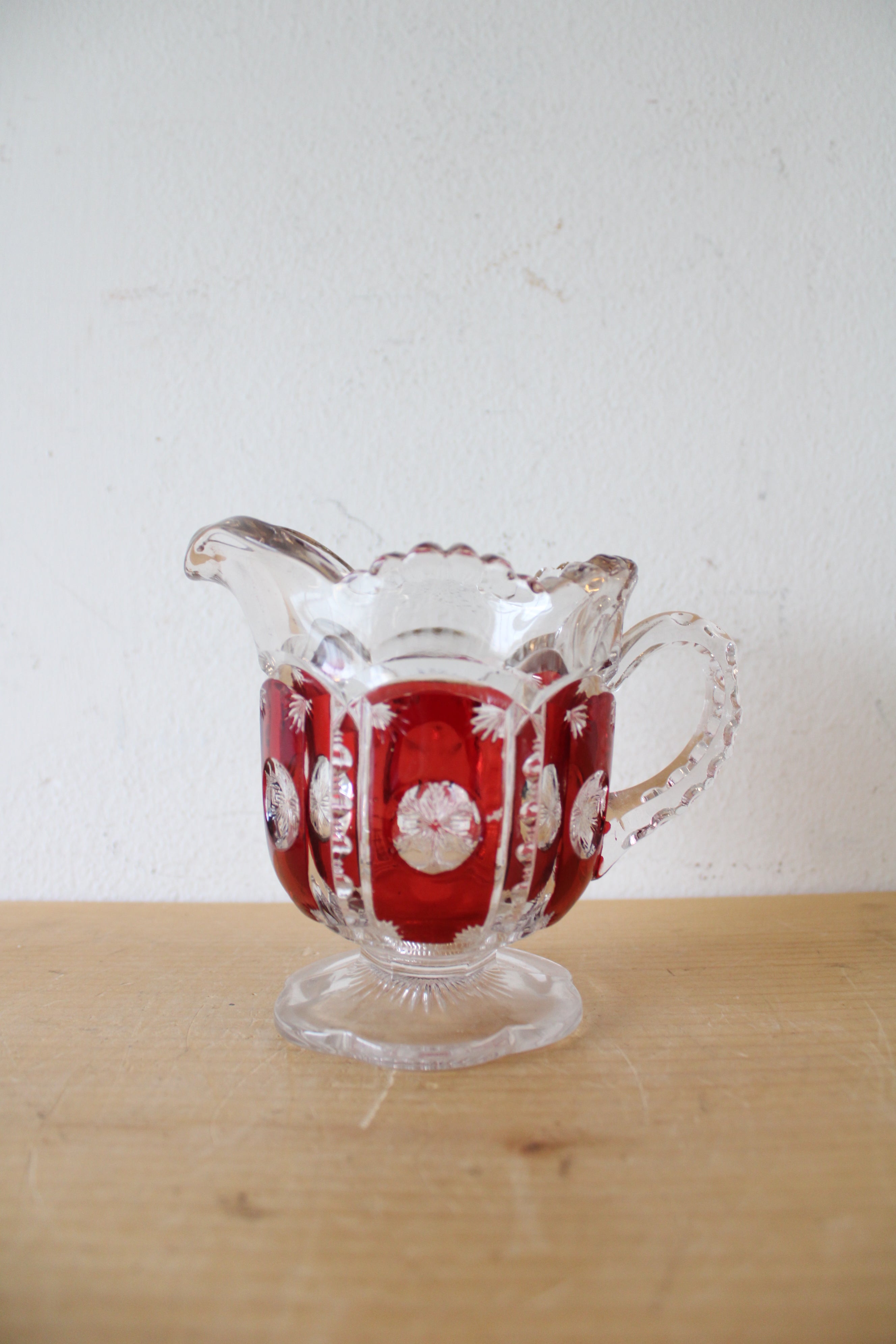 Vintage Ruby Red & Clear Cut Glass Creamer Pitcher