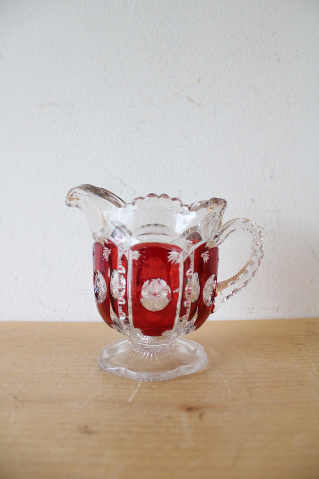 Vintage Ruby Red & Clear Cut Glass Creamer Pitcher