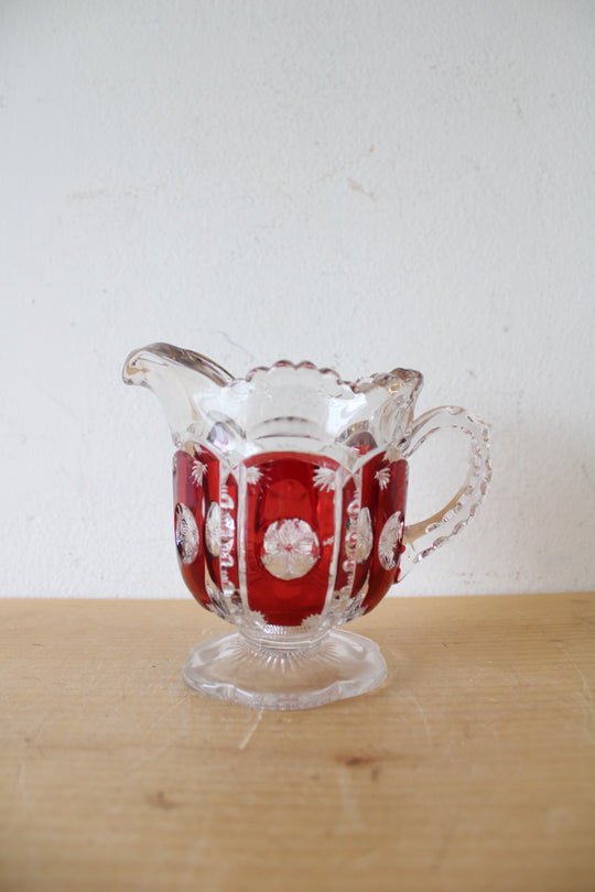 Vintage Ruby Red & Clear Cut Glass Creamer Pitcher