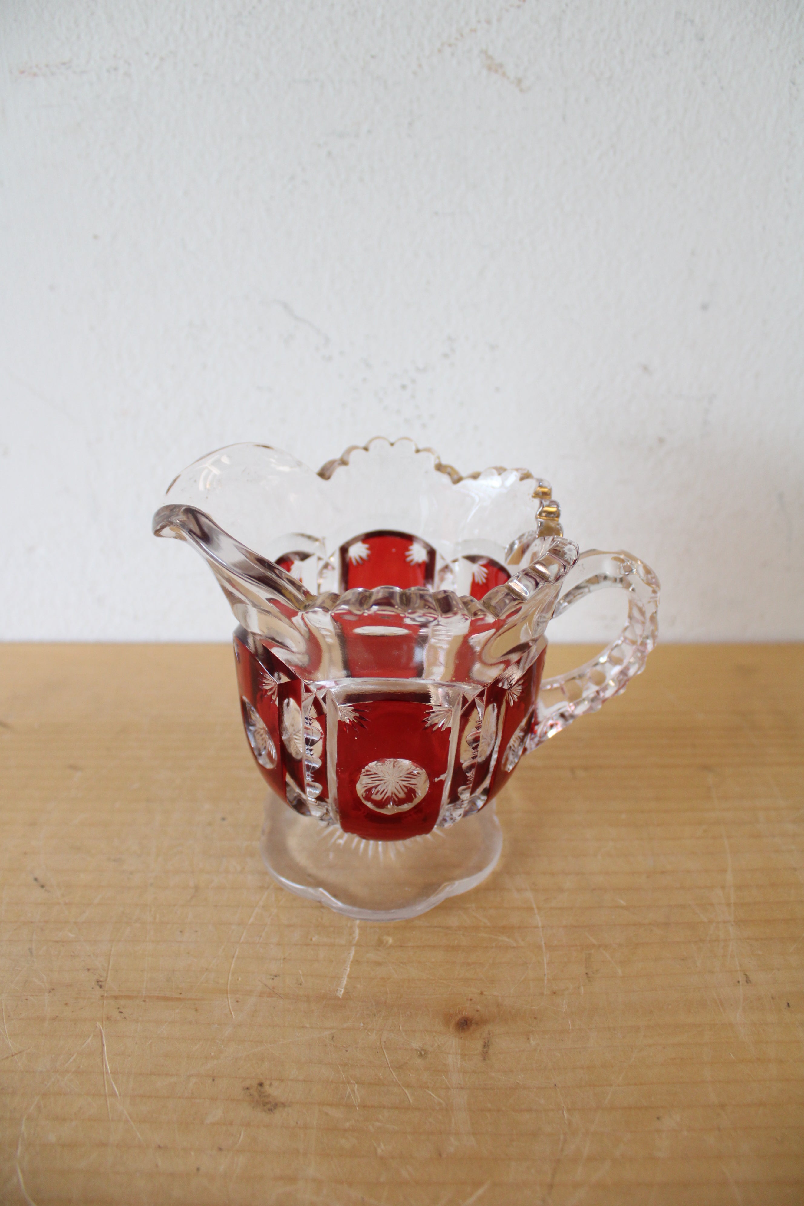 Vintage Ruby Red & Clear Cut Glass Creamer Pitcher