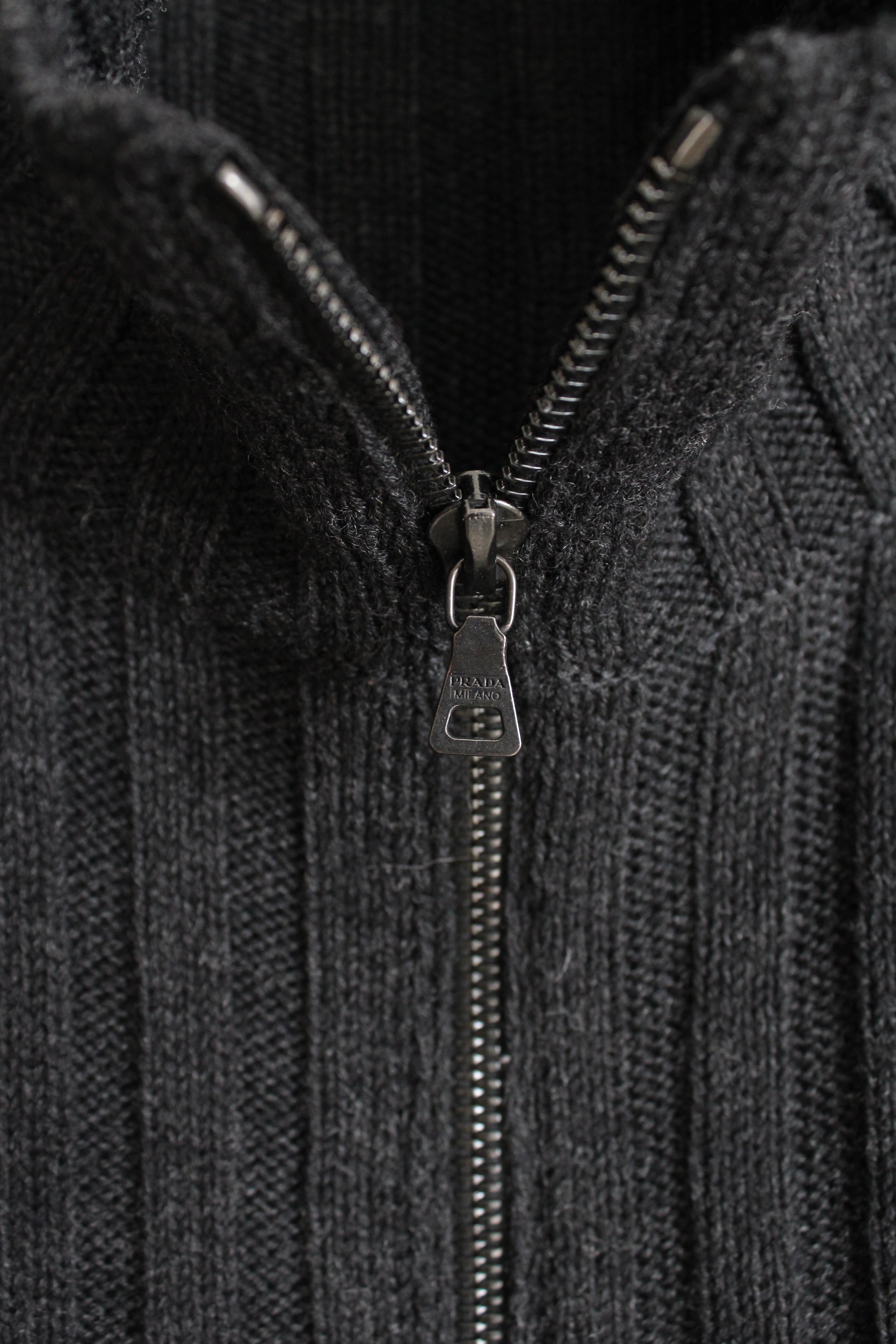 Prada Gray Wool Ribbed Zip Down Sweater | 56