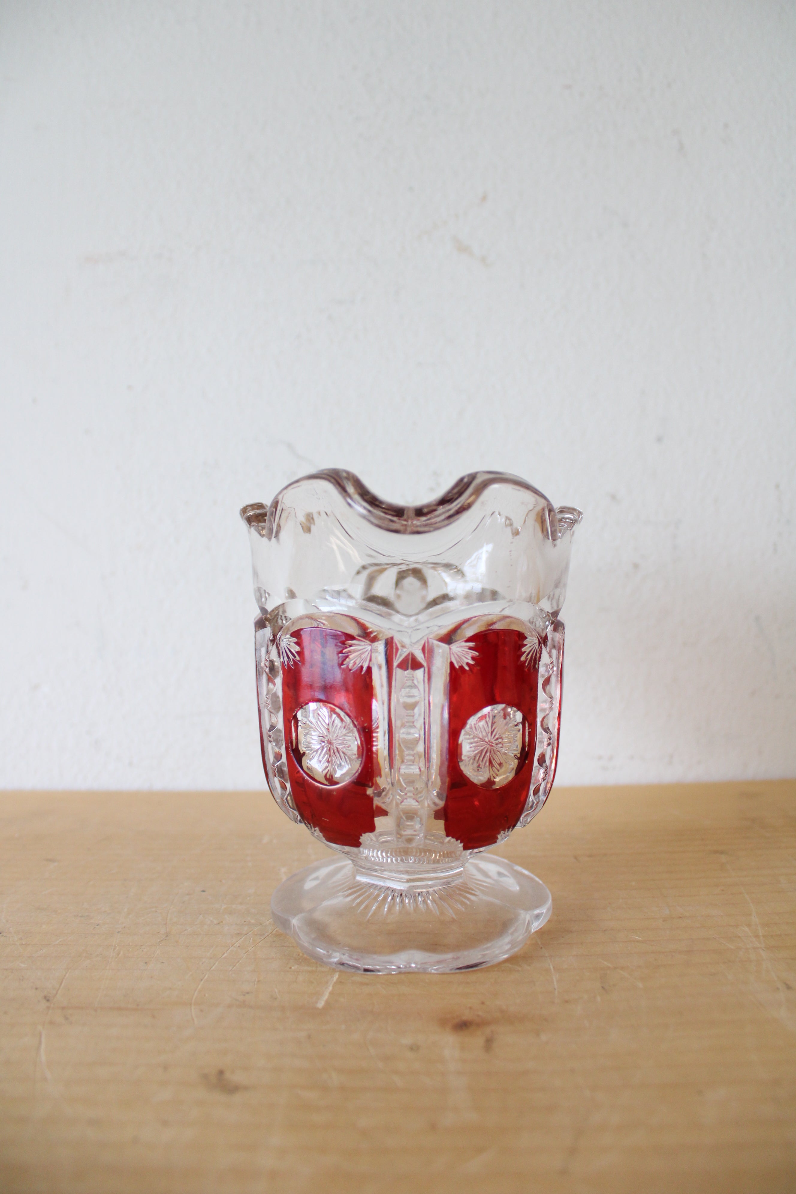 Vintage Ruby Red & Clear Cut Glass Creamer Pitcher