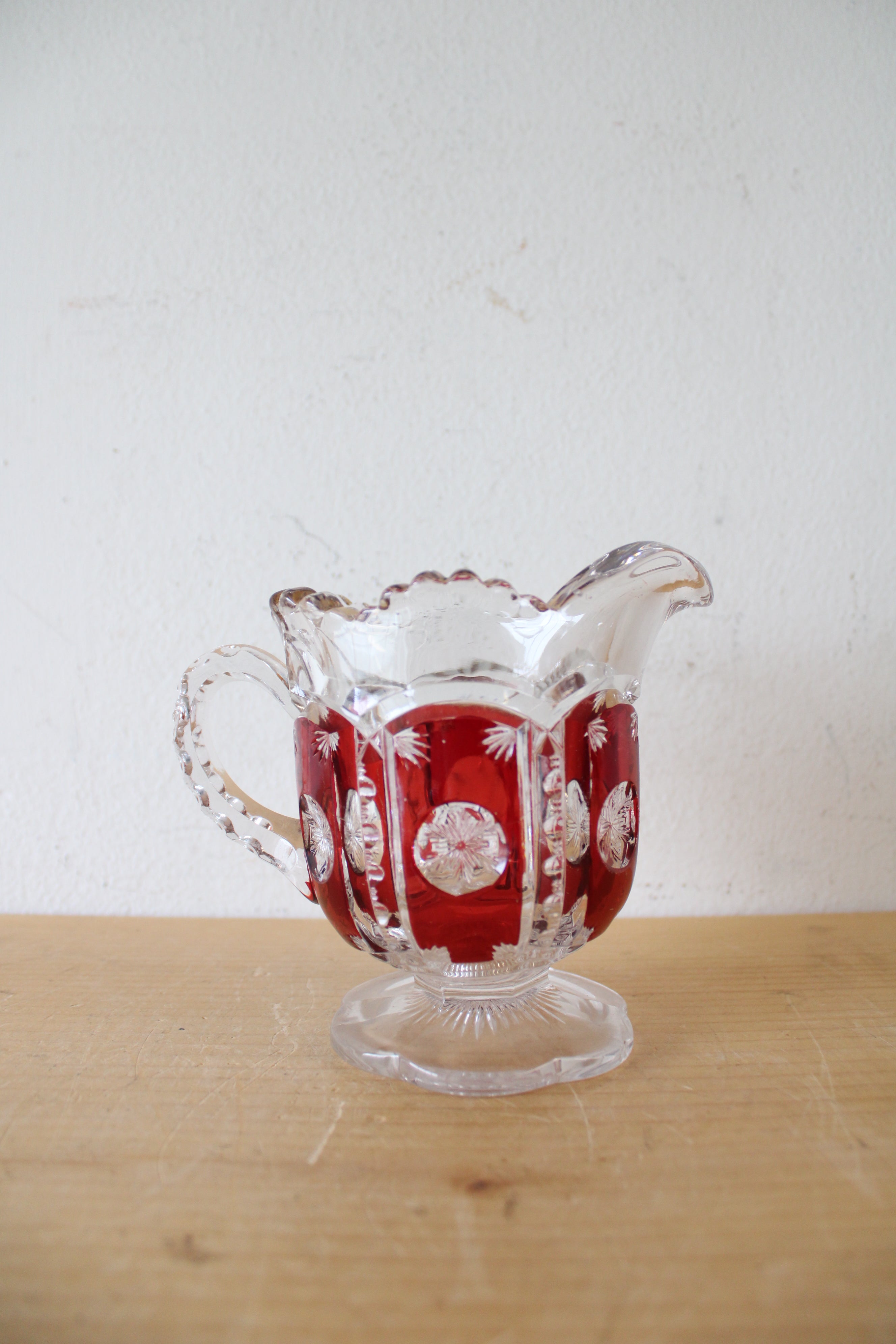 Vintage Ruby Red & Clear Cut Glass Creamer Pitcher