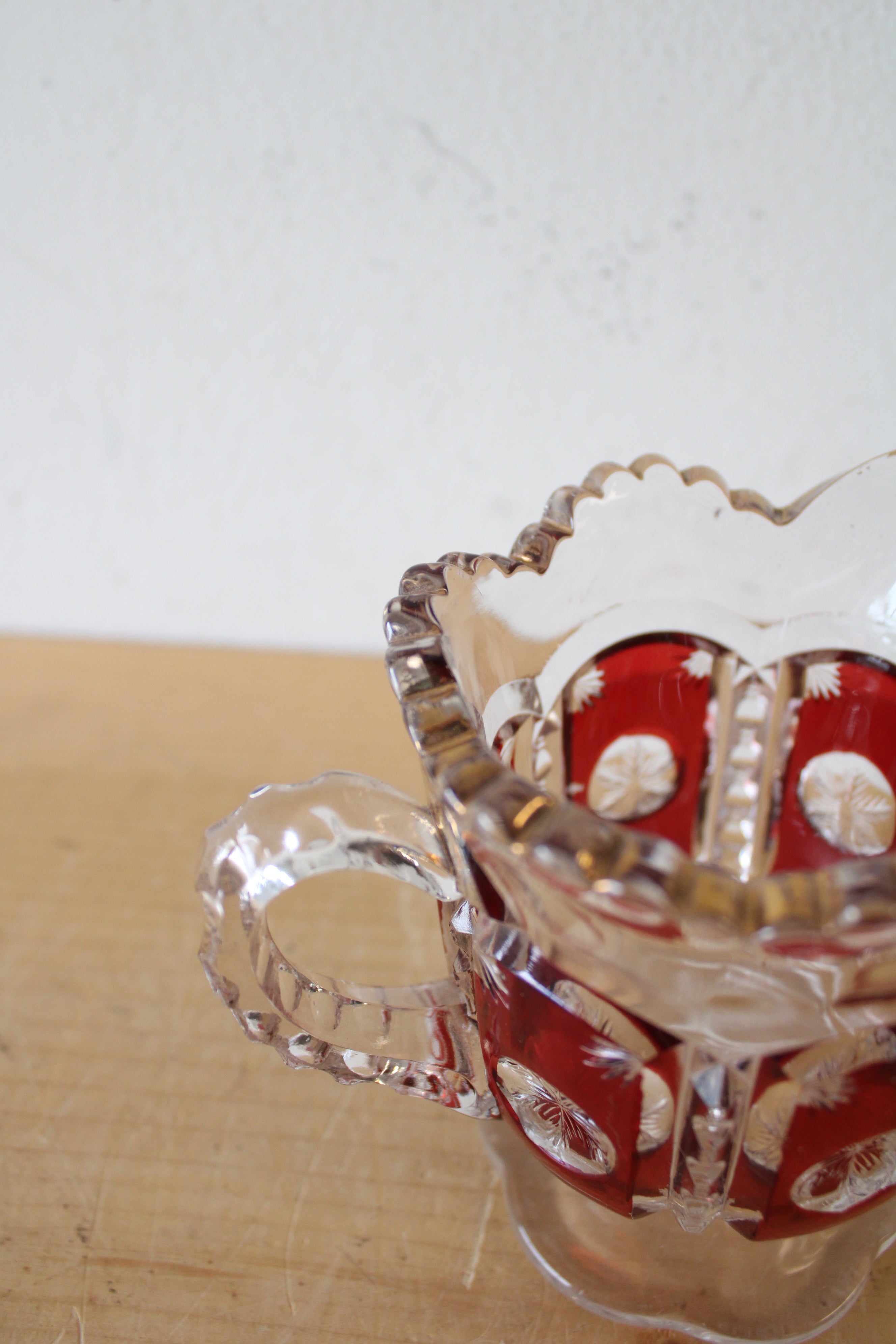 Vintage Ruby Red & Clear Cut Glass Creamer Pitcher