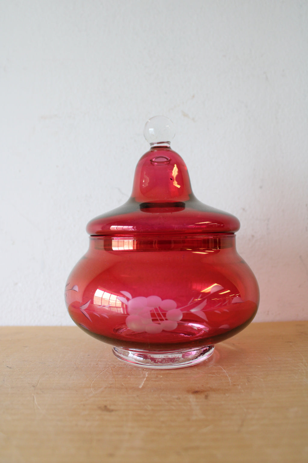 Vintage Ruby Red Etched Apothecary Glass Jar