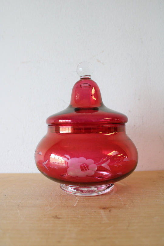 Vintage Ruby Red Etched Apothecary Glass Jar