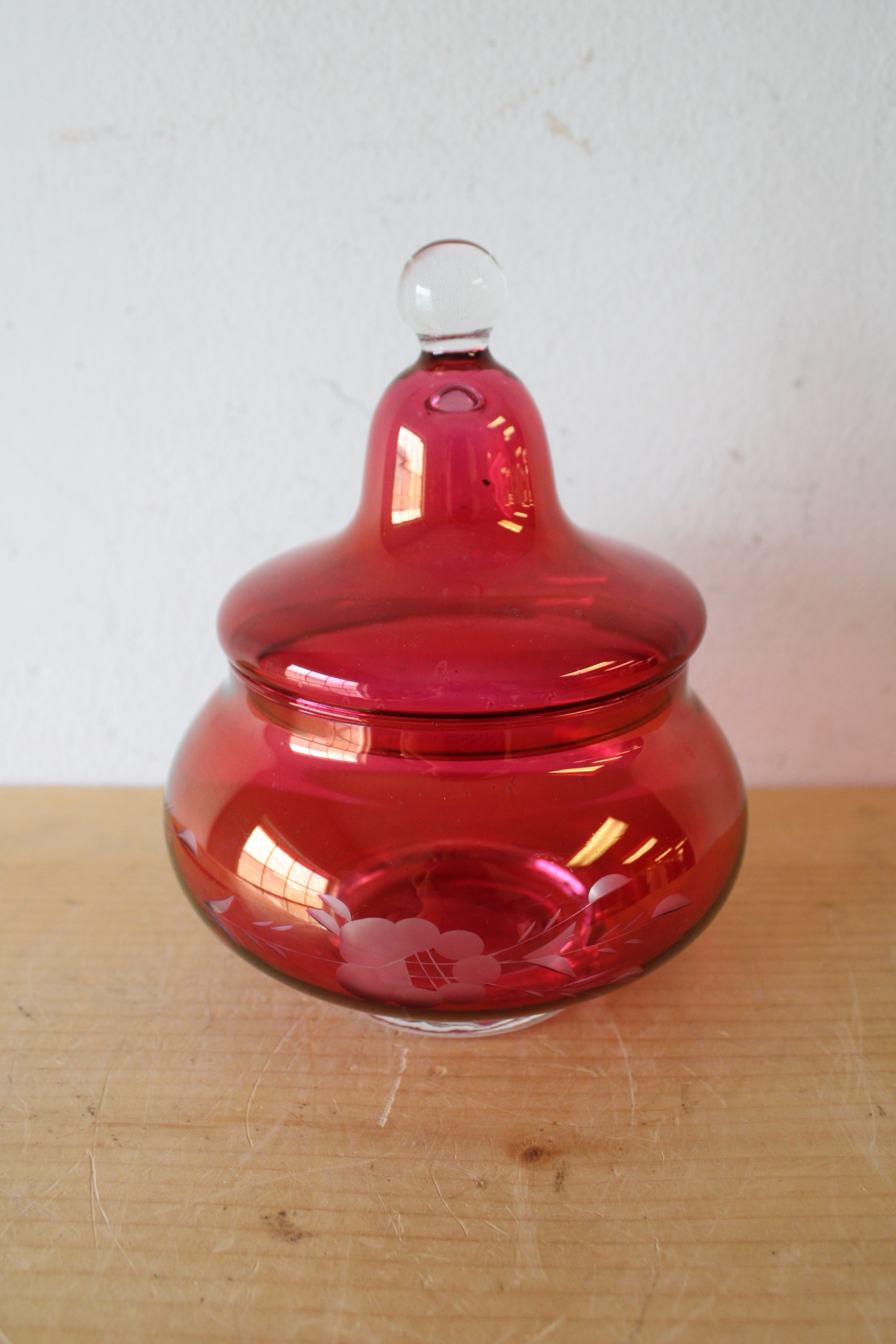 Vintage Ruby Red Etched Apothecary Glass Jar
