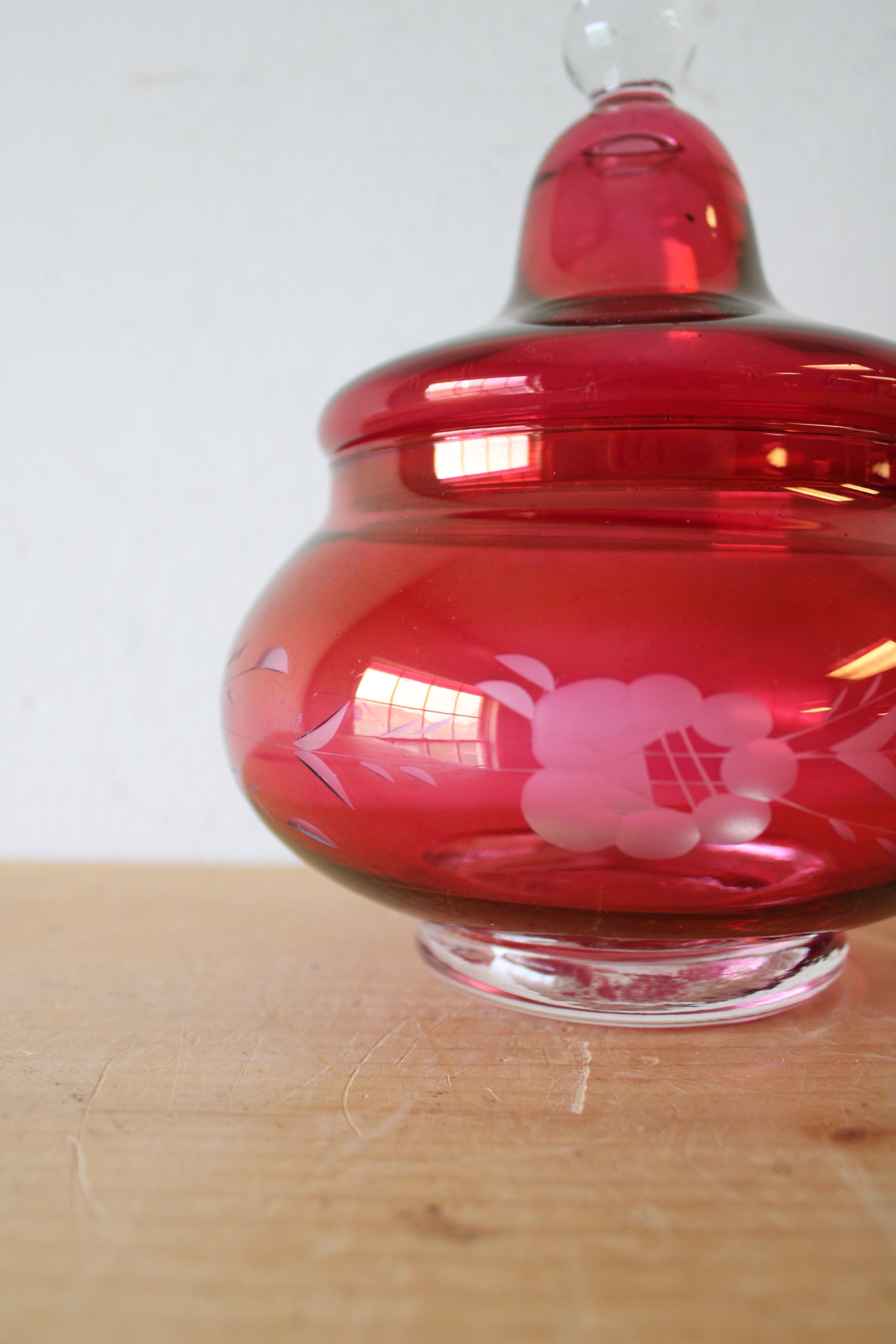 Vintage Ruby Red Etched Apothecary Glass Jar