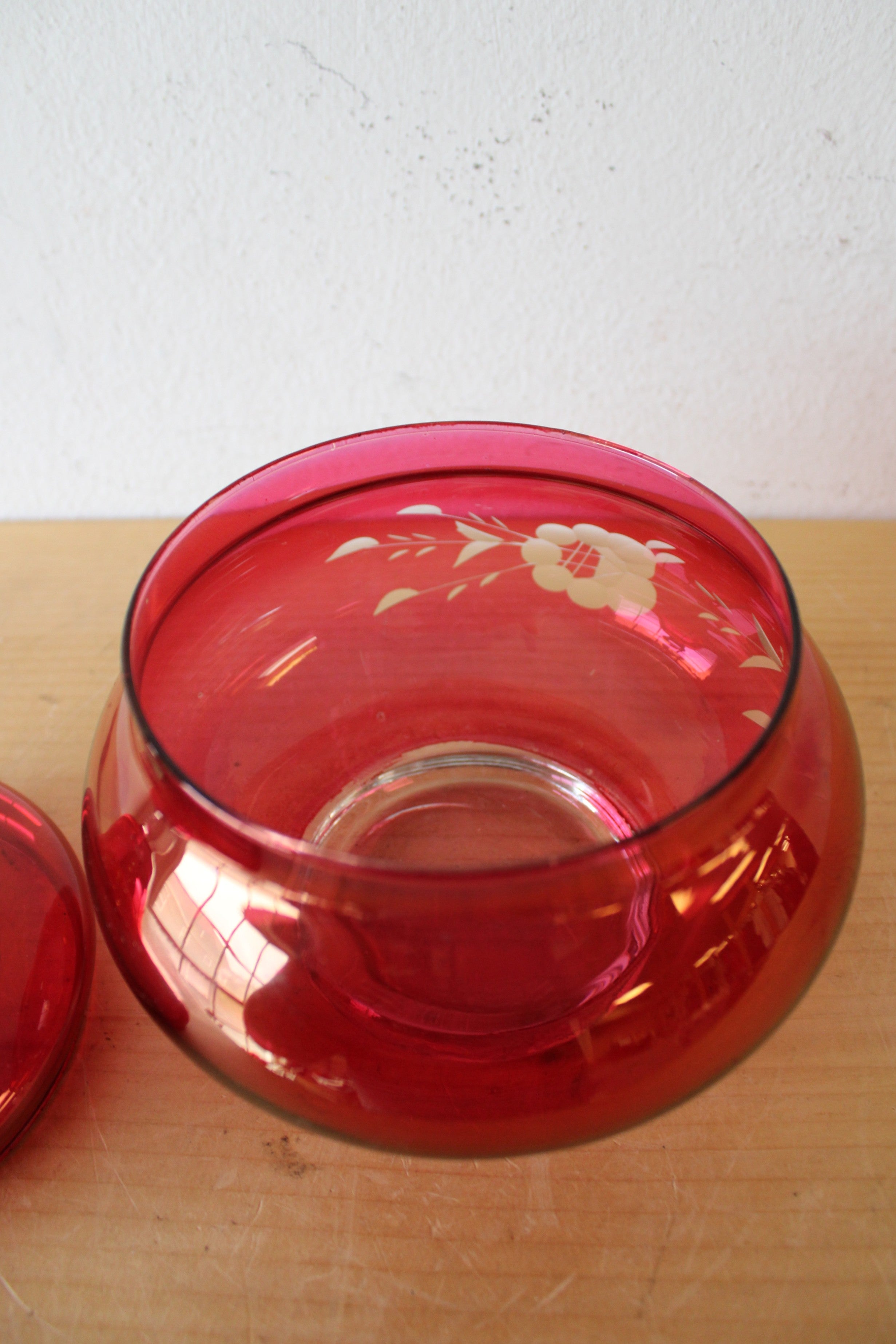 Vintage Ruby Red Etched Apothecary Glass Jar