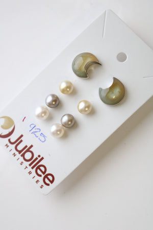 Genuine Pearls & Half Moon Earring Set Of 4