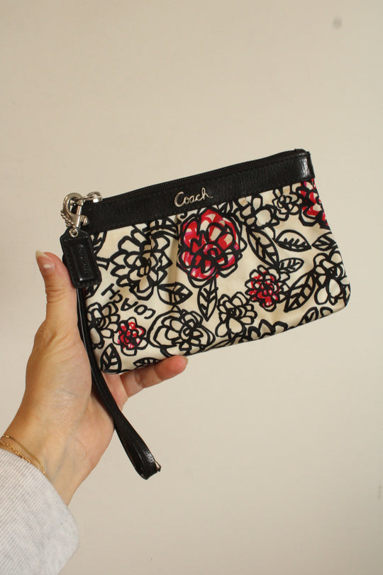 Coach Satin Rose Print Black Wristlet Wallet