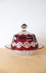 Vintage Ruby Red & Clear Cut Glass Covered Dish