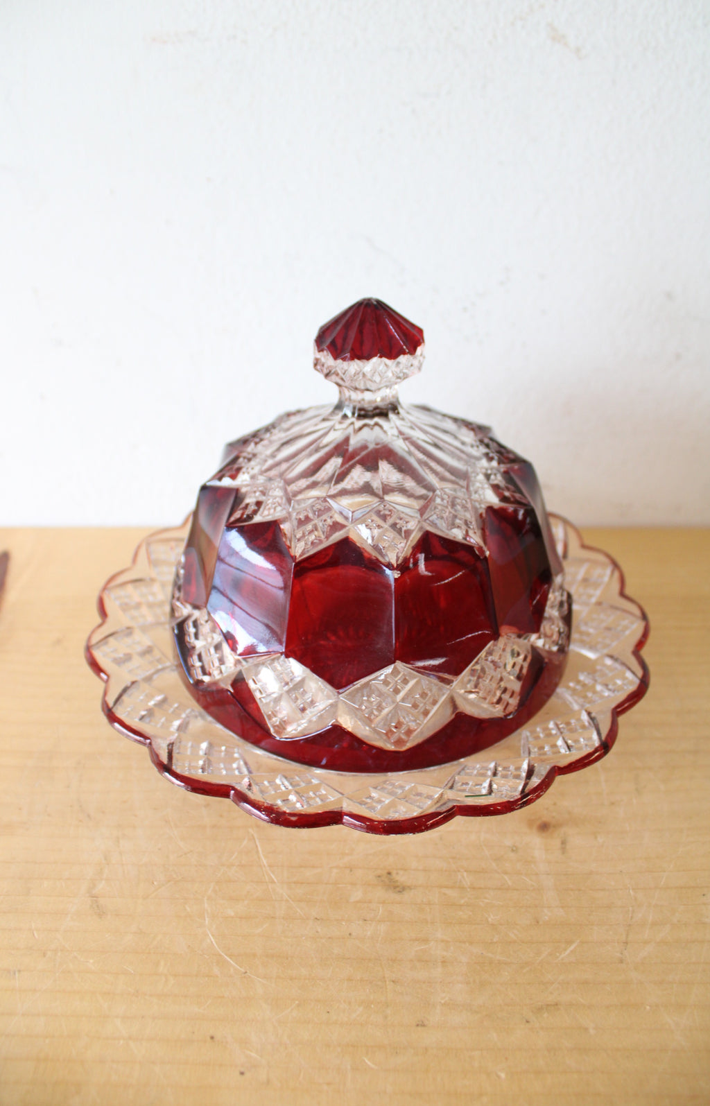 Vintage Ruby Red & Clear Cut Glass Covered Dish