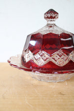 Vintage Ruby Red & Clear Cut Glass Covered Dish