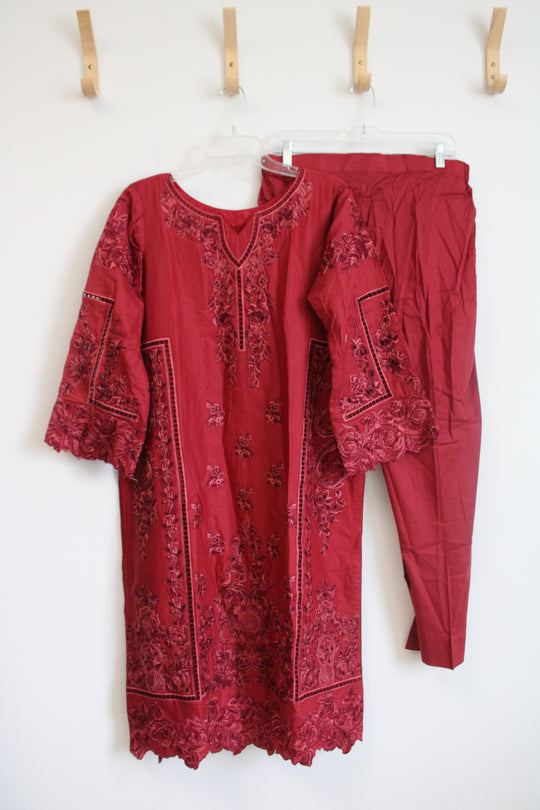 Red Embroidered Kurta & Pants Set | L