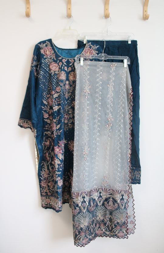 Blue Floral Embroidered Kurta & Pants & Shawl Set | L