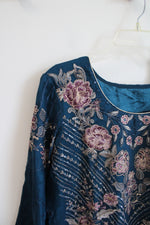 Blue Floral Embroidered Kurta & Pants & Shawl Set | L