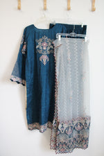Blue Floral Embroidered Kurta & Pants & Shawl Set | L