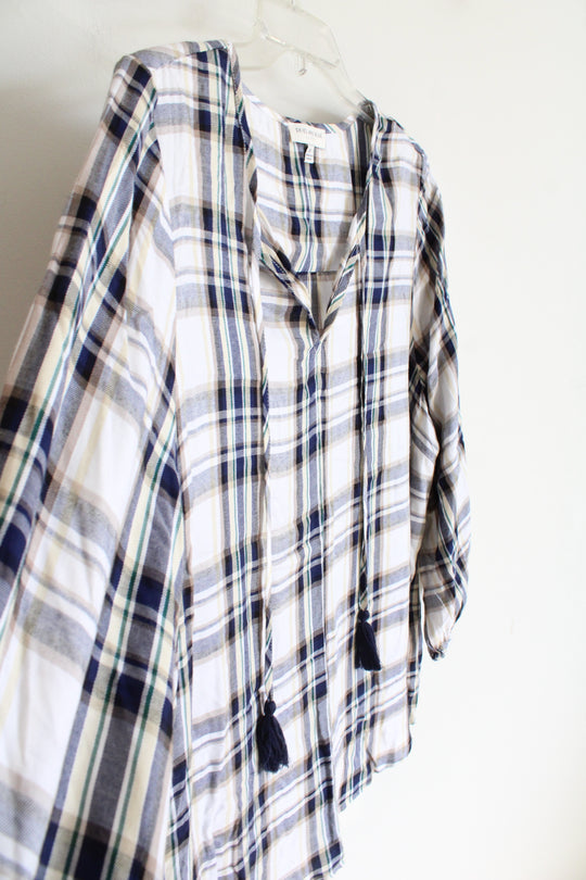 Skies Are Blue Curvy Blue Tan & White Plaid Blouse | 1X