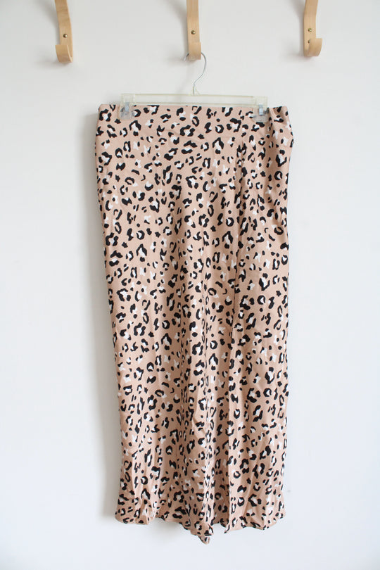 Skies Are Blue Tan & Black Leopard Print Satin Midi Skirt | M