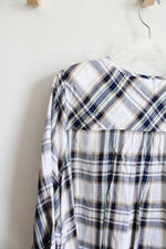 Skies Are Blue Curvy Blue Tan & White Plaid Blouse | 1X