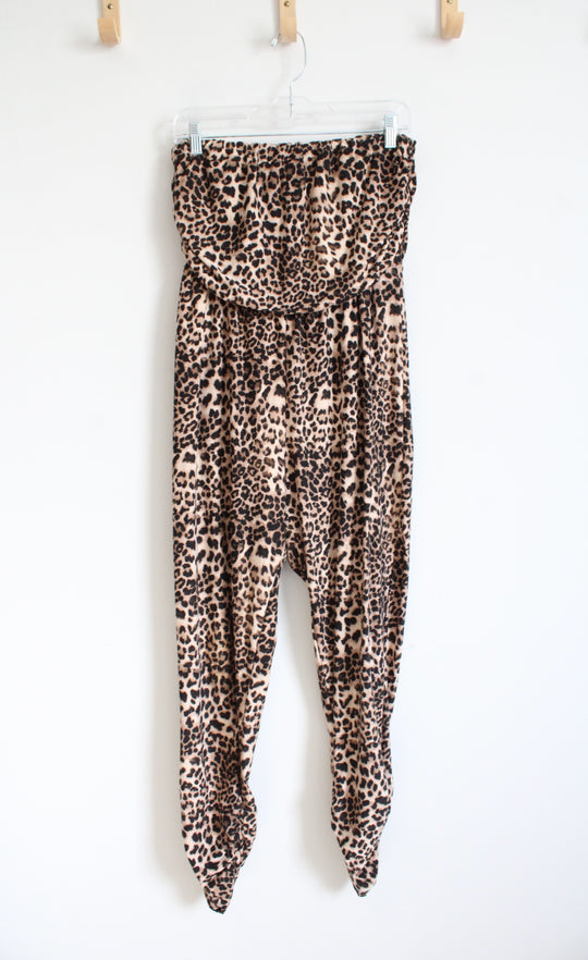 No Comment Tan & Black Leopard Print Strapless Jumpsuit | M