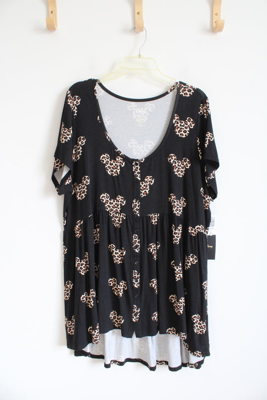 NEW Torrid Black & Brown Mickey Mouse Leopard Print Babydoll Tunic Top | 3X
