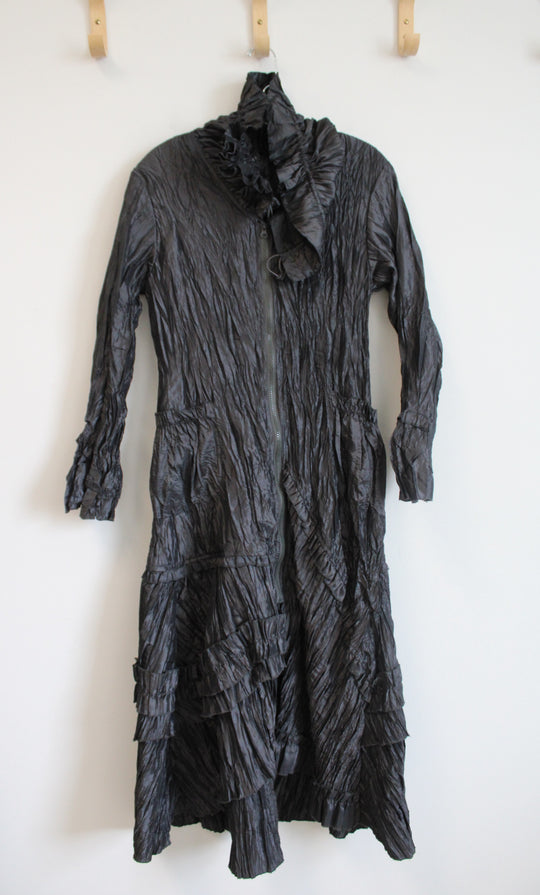 Black Pleated Ruffle Fleece Lined Full Zip Dress | M