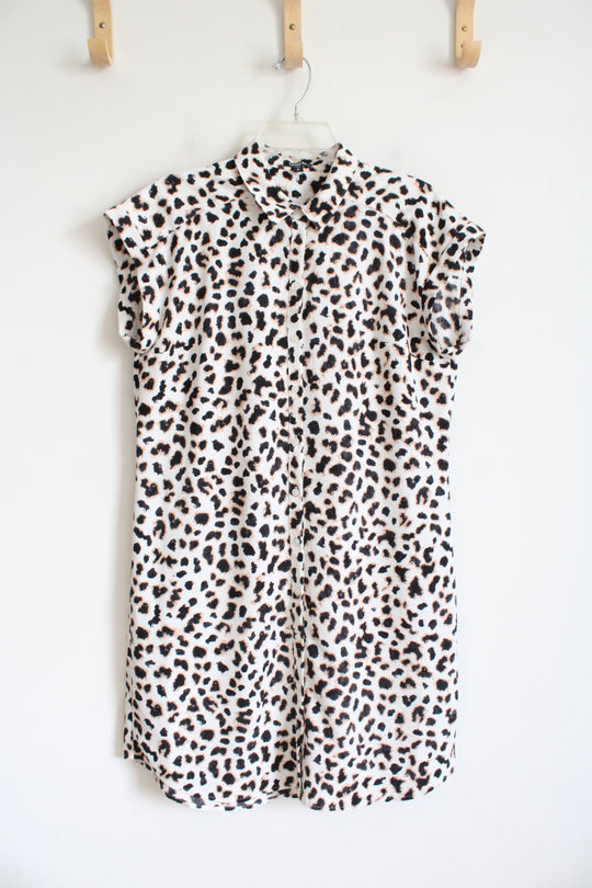Express White Black & Tan Leopard Print Button Down Dress | M