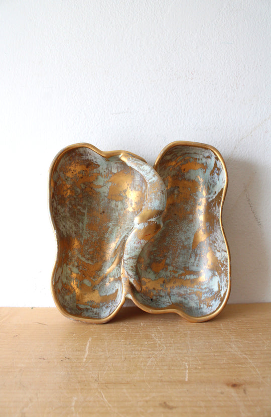 Stangl Antique Gold Turquoise Blue Two Section Candy Dish