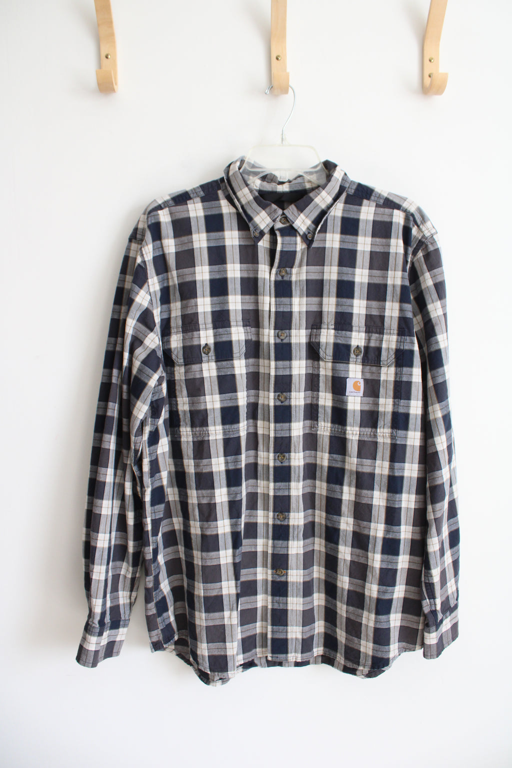 Carhartt Loose Fit Navy & White Plaid Button Down Shirt | L