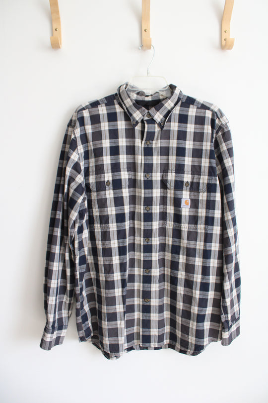 Carhartt Loose Fit Navy & White Plaid Button Down Shirt | L