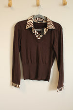NEW The Limited Brown Knit Zebra Print Satin Collar Top | M