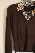 NEW The Limited Brown Knit Zebra Print Satin Collar Top | M