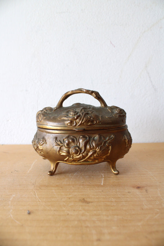 Art Nouveau Gold Floral footed Jewelry Trinket Box