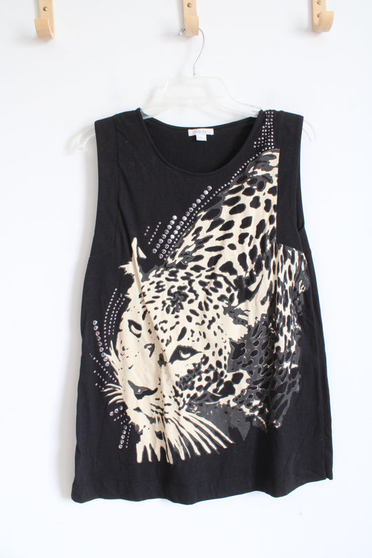 Erin London Black Leopard Face Embellished Tank Top | XL