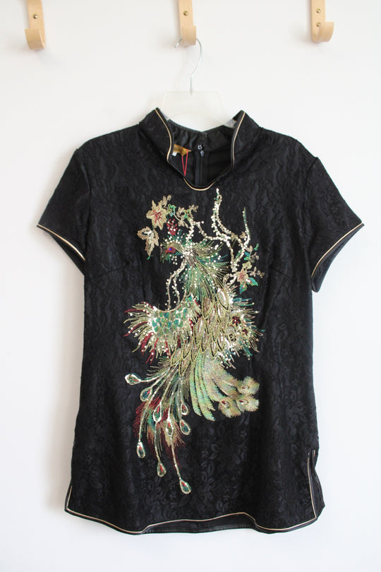 NEW Chinese Black Sequined Silk Blend Tunic Top | 50