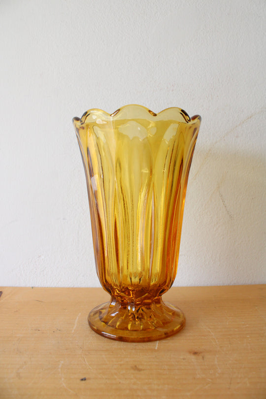 Vintage Anchor Hocking Fairfield Amber Honey Gold Glass Pedestal Glass Vase