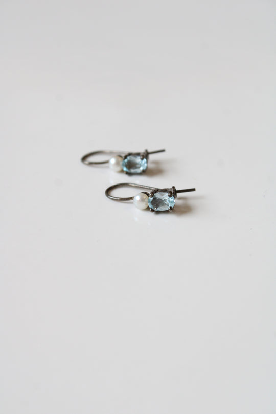 Vintage Blue Topaz & Pearl Sterling Silver Earrings