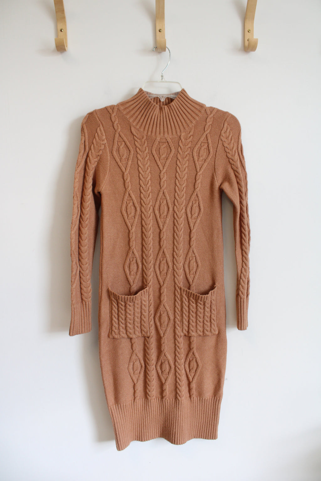 NEW Styled Cactus Tan Cable Knit Mock Neck Sweater Dress | S