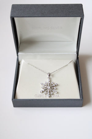 Cubic Zirconia Snowflake Sterling Silver Pendant Necklace