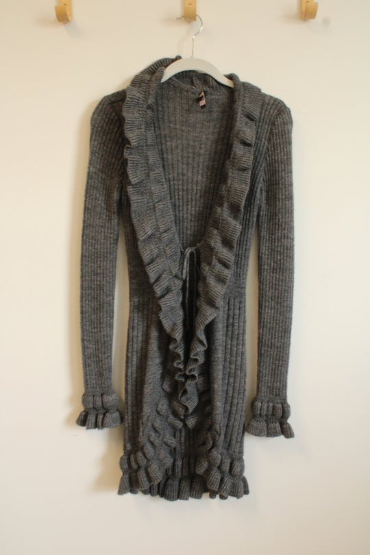 Elisabetta Gray Wool Blend Ruffle Long Cardigan | S