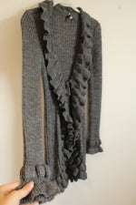 Elisabetta Gray Wool Blend Ruffle Long Cardigan | S