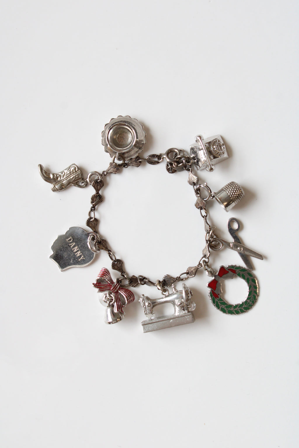 Christmas & Sewing Themed Vintage Sterling Silver Bracelet