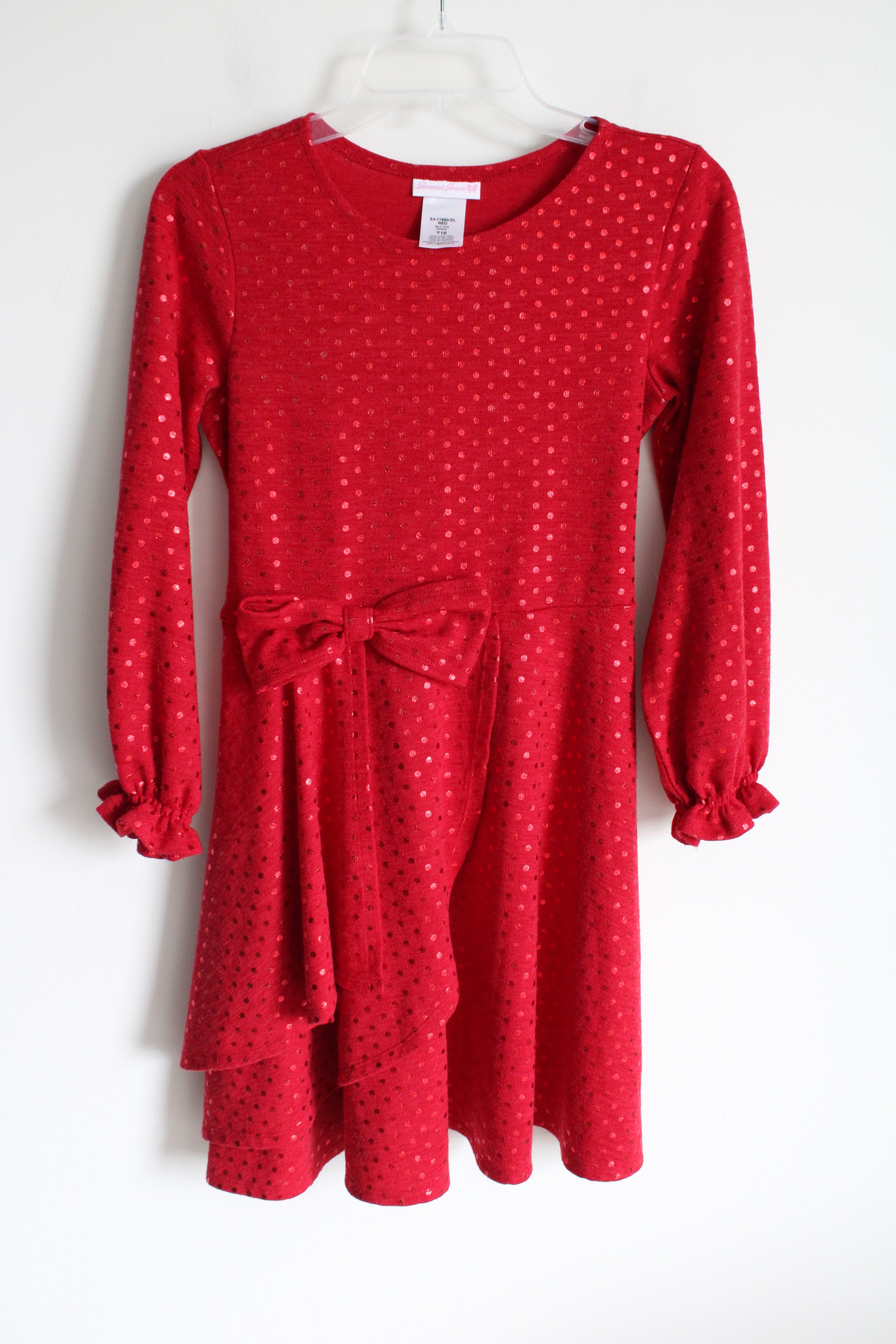 Bonnie Jean Red Knit Shimmer Dotted Dress | 16