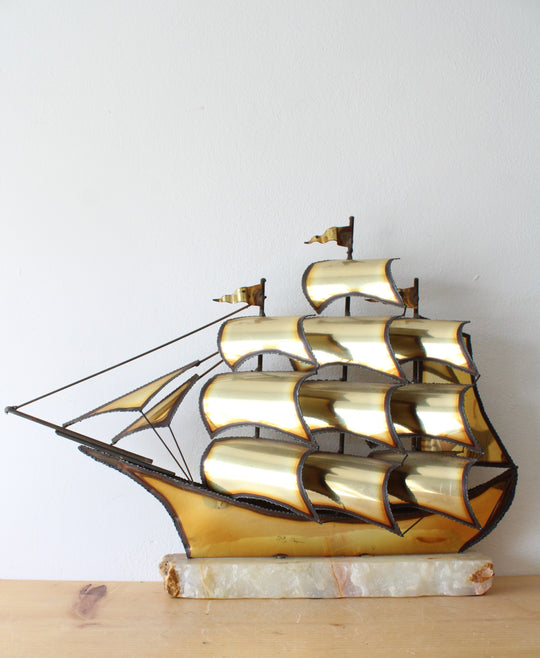 Vintage 1970's Demott Clipper Ship Agate Stone & Brass Sculpture