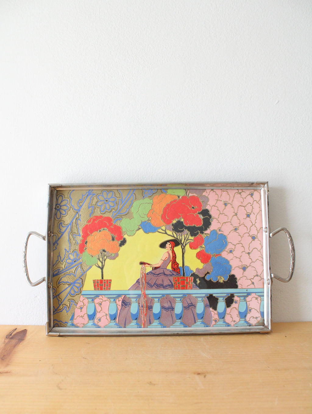 Vintage Musical Woman Hand Painted Metal Tray