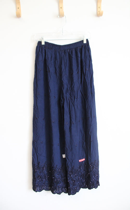 Plazo Navy Embroidered Beaded Flowy Pants | M
