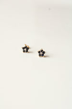 14K Yellow Gold Black Onyx Stone Flower Stud Earrings