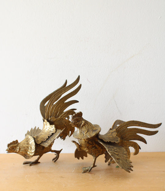 Vintage Brass Fighting Roosters